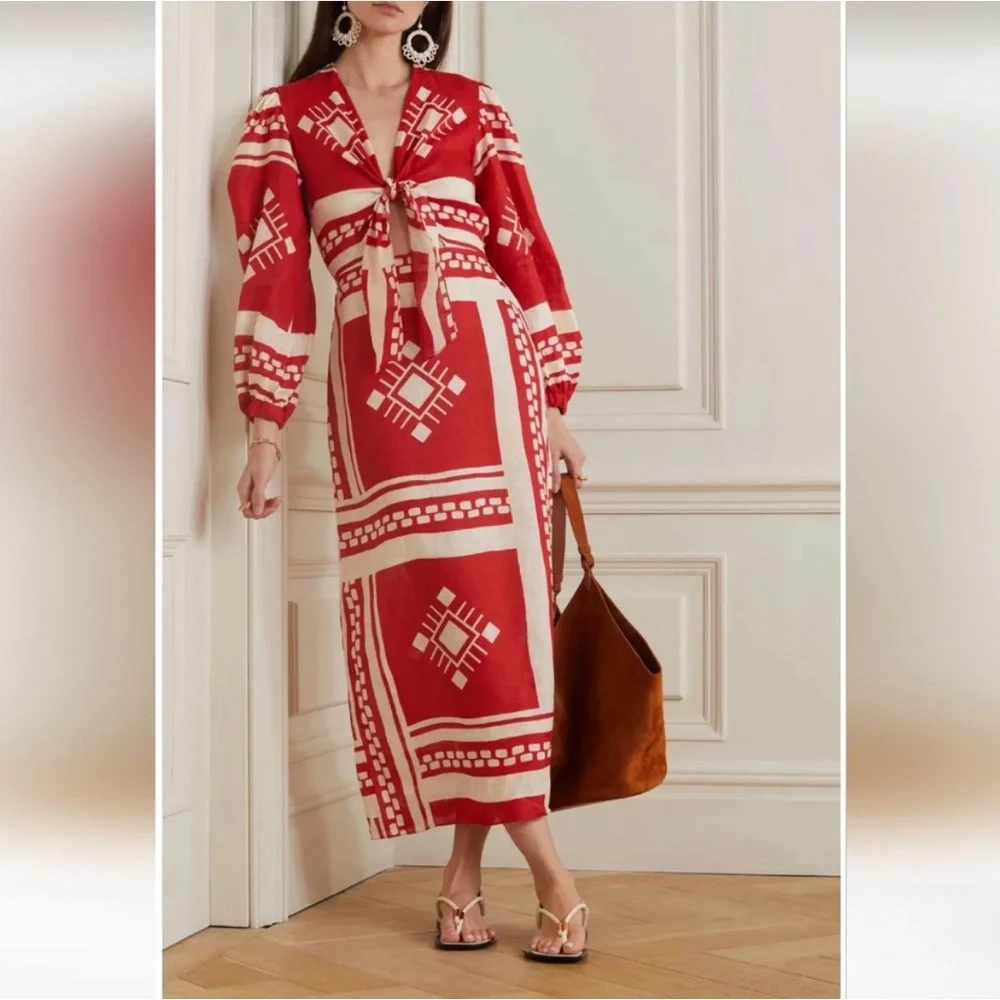 Caroline Constas Sun Goddess Cut Out Maxi Printed linen Dress in Red and… - Picture 2 of 9